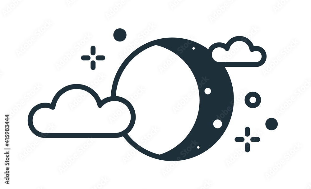 Poster Lunar eclipse sign. Simple weather icon with half moon or waxing crescent with stars and clouds in sky. Symbol of night time. Linear flat vector illustration isolated on white background