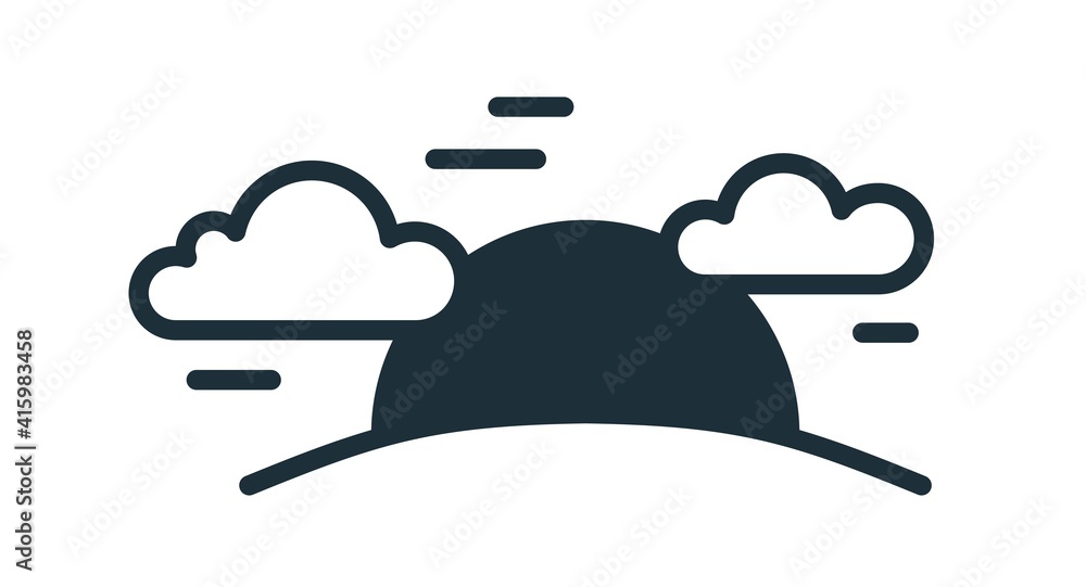 Poster Simple sunset icon in line art style with black sun setting behind hill with clouds in sky. Solar circle going down. Linear flat vector illustration isolated on white background