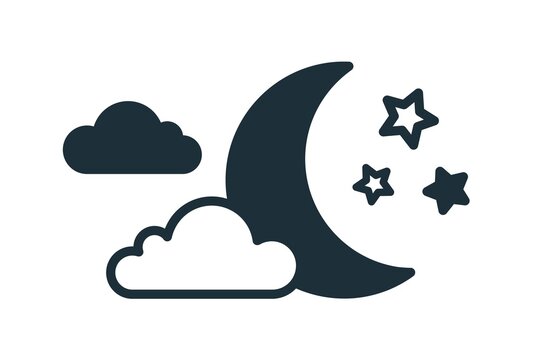 Simple weather icon with half moon or waning crescent with stars and clouds in sky. Symbol of cloudy night time in line art style. Linear flat vector illustration isolated on white background