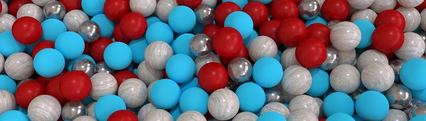 Different Multi colored Balls Spheres , brushed metal and marble balls, huge big billboard advertisement size , blue red grey and metallic materials , colorful fashion holiday concept, high resolution