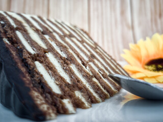 A slice of chocolate spartak cake or chocolate honey cake. Selective focus points. Blurred...