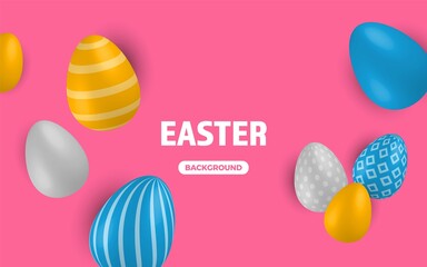 Colored Easter Eggs banner. 3d easter egg, spring holiday traditional symbol.