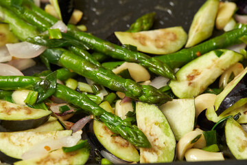 Stir-fried eggplant vegetables with asparagus 