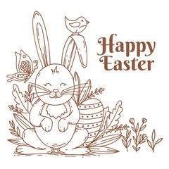 Easter greeting with bunny and letering, hand drawn vector illustration