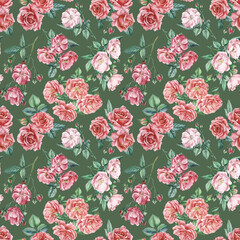Vintage flowers, branches of roses, buds and leaves. Watercolor flowers. Seamless patterns