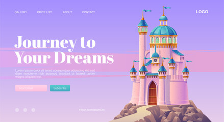 Journey to your dream cartoon landing page with pink magic castle, princess or fairy palace with turrets and clock on mountain top with rocky road lead to gates and lilac cloudy sky. vector web banner © klyaksun