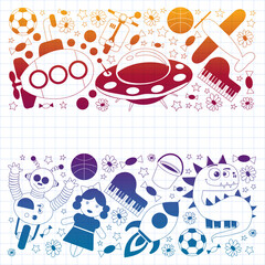 Vector pattern with toys for kids. Car, ufo, alien, airplane, teddy bear.