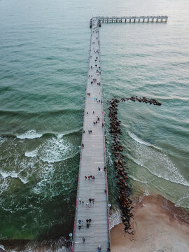 Aerial view of wooden bridge to the Baltic sea in Palanga, Lithuania