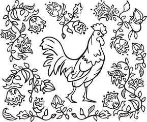 Fototapeta na wymiar Vector illustration rooster and abstract blooming flowers. Design for coloring book.