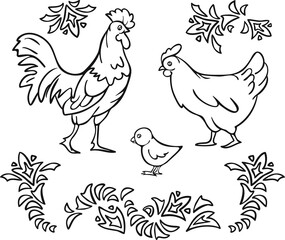 Vector illustration of rooster, brood hen, chick and abstract floral decorations. Design for coloring book.