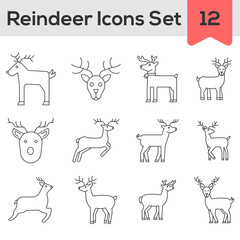 Black Line Art Set of Reindeer Icon In Flat Style.