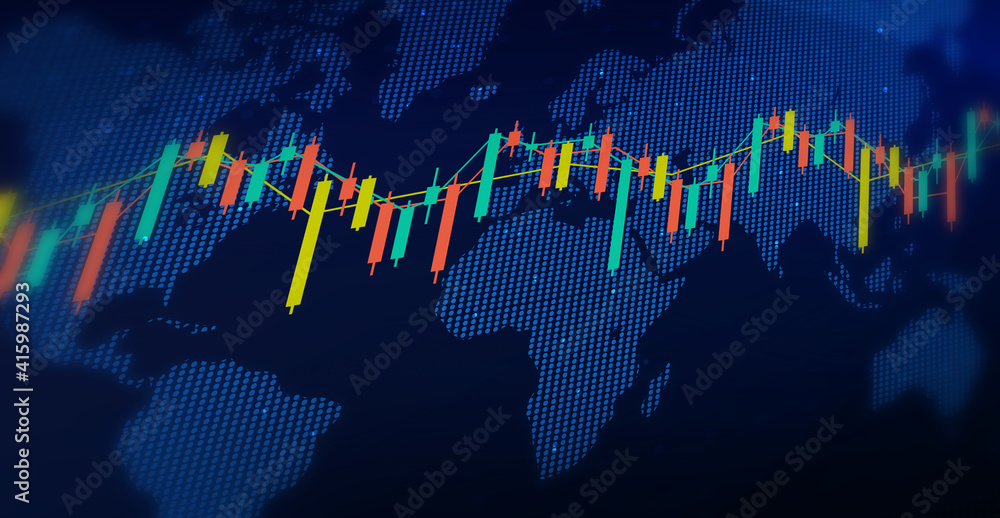 Poster abstract stock graph background. modern candle graph with world map in the back