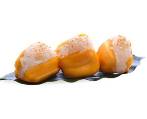 Jackfruit with jackfruit leaf, isolated on white background.