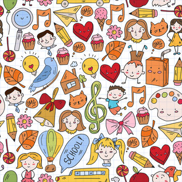 Vector pattern with items for school. Online internet education, e-learning.
