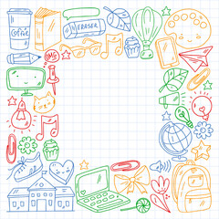 Vector illustration. Back to school vector pattern. Textile fabric design, wrapping paper and website wallpapers.
