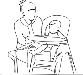 the child sits in a highchair next to mom