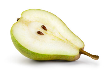 Pear half isolated. Cut pear. Pear slice on white background. With clipping path. Full depth of field.