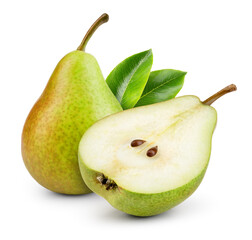 Fototapeta na wymiar Pears isolated. One and a half green pear fruit with leaf on white background. Pear slice. With clipping path. Full depth of field.