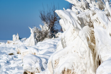 Shapeless ice figures that formed due to the storm