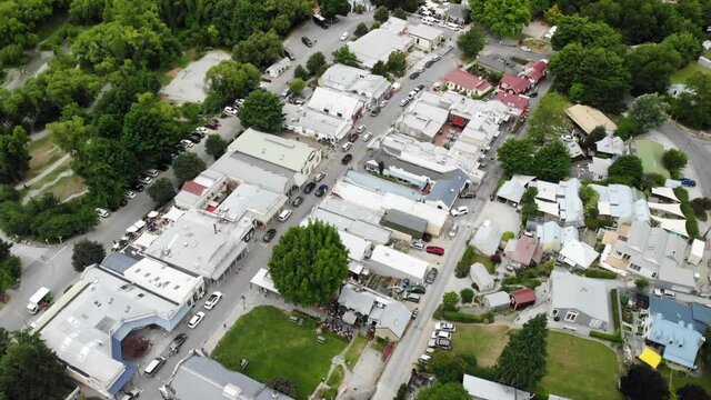 Arrowtown Cityscape. Aerial View, Downtown Street Traffic and Vintage Buildings
