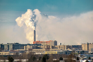 Urban boiler room heat generation. Steam pipe. Ecological concept.