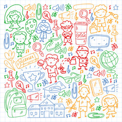 Vector pattern with items for school. Online internet education, e-learning.