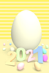 Red big clean egg for happy pastel Easter 2021 number text as abstract line background.