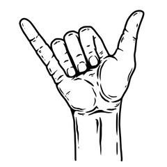 Illustration of human hand with shaka sign. Design element for poster, card, banner, sign, emblem. Vector illustration