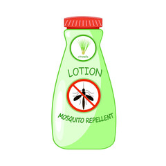 Mosquito repellent lotion isolated on white background. Plastic bottle with citronella and stop sign. Outdoor protection, repelling flying insects. Mosquito repellent cream. Stock vector illustration