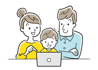 イラスト素材：パソコン、タブレットを使う家族
