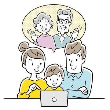 イラスト素材 祖父母とオンラインで連絡をとる家族 リモート帰省 Stock Vector Adobe Stock