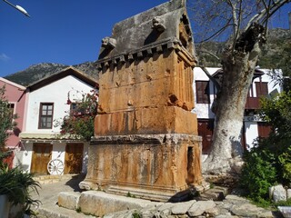 Symbol of Antiphellos Ancient City at location Kas, Antalya, Turkey. Lions Tomb.