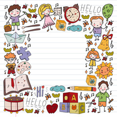 Vector pattern. School and online education. Little boys and girls play and grow together.