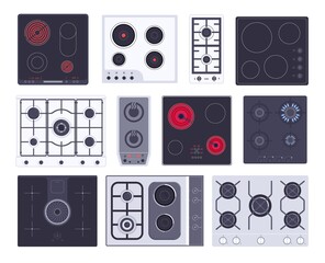 Cooking gas hob, induction panel, electric or ceramic stove. Grate cooker, cookware surface home kitchen appliance, kitchenette burner equipment vector illustration isolated on white background