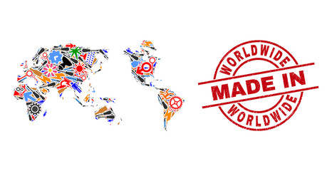 Service worldwide map mosaic and MADE IN scratched stamp. Worldwide map composition designed with wrenches, gearwheels, screwdrivers, items, vehicles, electric sparks, details.