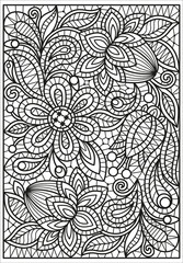 Vector coloring book for adults embroidery lace. Flowers and leaves on an openwork grid. Decor for wedding, postcards, stained glass, laser cutting. Black and white image on a white background