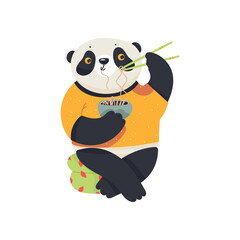 Funny panda eats noodles. Flat vector illustration.