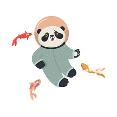 Funny panda with Japenese fish. Flat vector illustration.