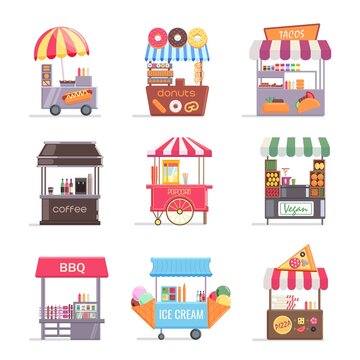 Street food stall retail business marquee with fast food set. Local market cart awning with coffee hot drink, bbq, tacos, ice cream and sweets vector illustration isolated on white background