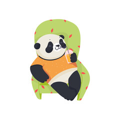 Funny panda is drinking a juise. Flat vector illustration.