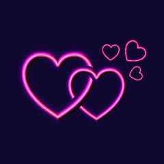 Vector Glowing Pink Hearts Group Isolated on Dark Tranpsarent Brick Wall Background, Bright Neon Sign, Design Element.
