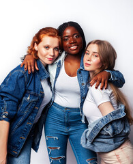 diverse multi nation girls group, teenage friends company cheerful having fun, happy smiling, cute posing isolated on white background, lifestyle people concept, african-american and caucasian