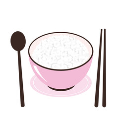 Rice bowl with chopsticks and spoon icon isolated on white background vector illustration. Restaurant menu design.
