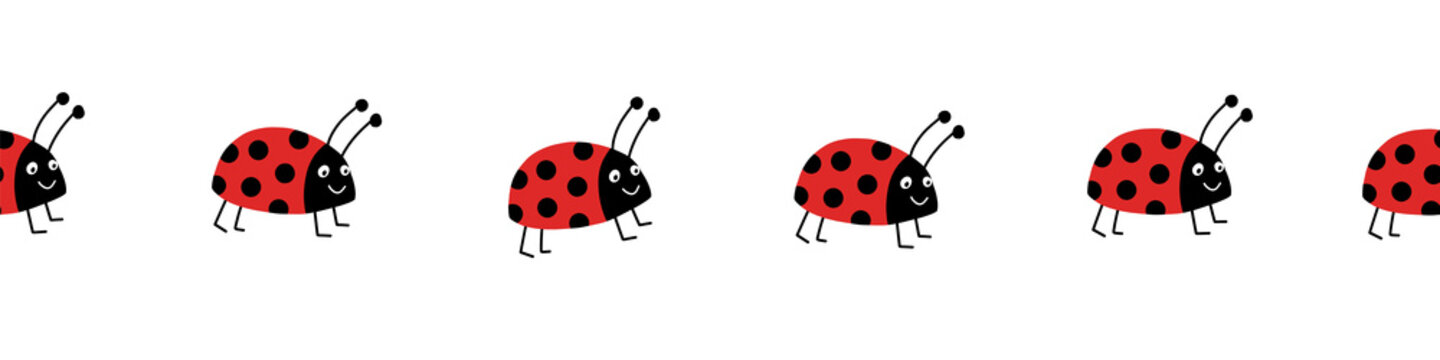 Seamless ladybug vector border. Flat red Ladybugs on white horizontal repeating pattern. Cute summer bug animal kids background design for print, kids decor, fabric trim, kids fashion, footer, divider