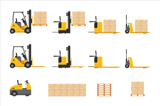 Forklift at work set with parcel stacking cardboard box rack depot and warehouse storage, merchandise, shipment and logistic management vector illustration isolated on white background