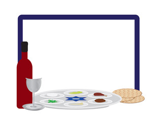 Passover plate, Elijah, Wine bottle and matzah on White background with Blue frame