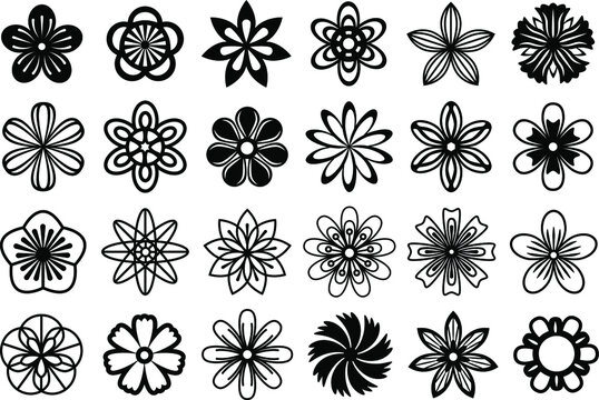 Vector floral set. Collection of black flat floral illustrations. Abstract stylizet cut out flowers. Comfortable for cut and silhouette crafts
