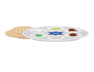 Passover plate and matzah on White background