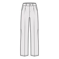 Pants tailored technical fashion illustration with low waist, rise, slant slashed flap pockets, single pleat, belt loops. Flat casual bottom trousers front, grey color. Women men unisex CAD mockup