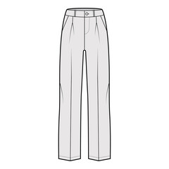 Pants tailored technical fashion illustration with low waist, rise, slant slashed flap pockets, single pleat, belt loops. Flat casual bottom trousers front, grey color. Women men unisex CAD mockup